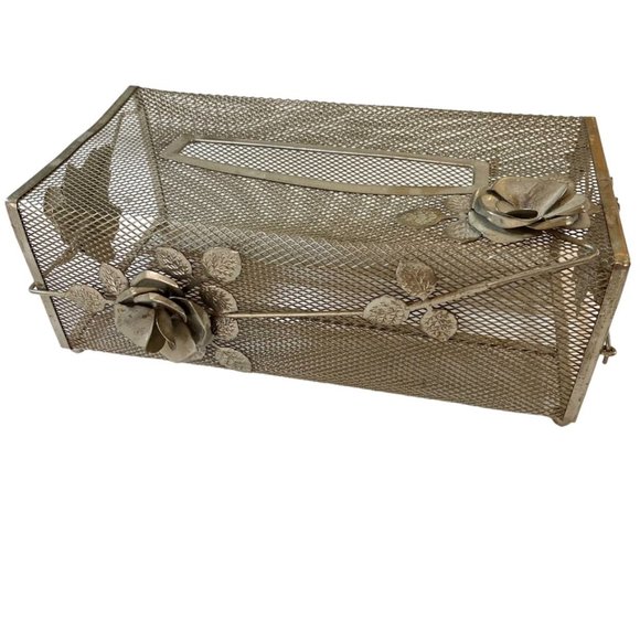 Vintage 50s 60s metal mesh tissue box with roses Mid Century Modern - Picture 1 of 6
